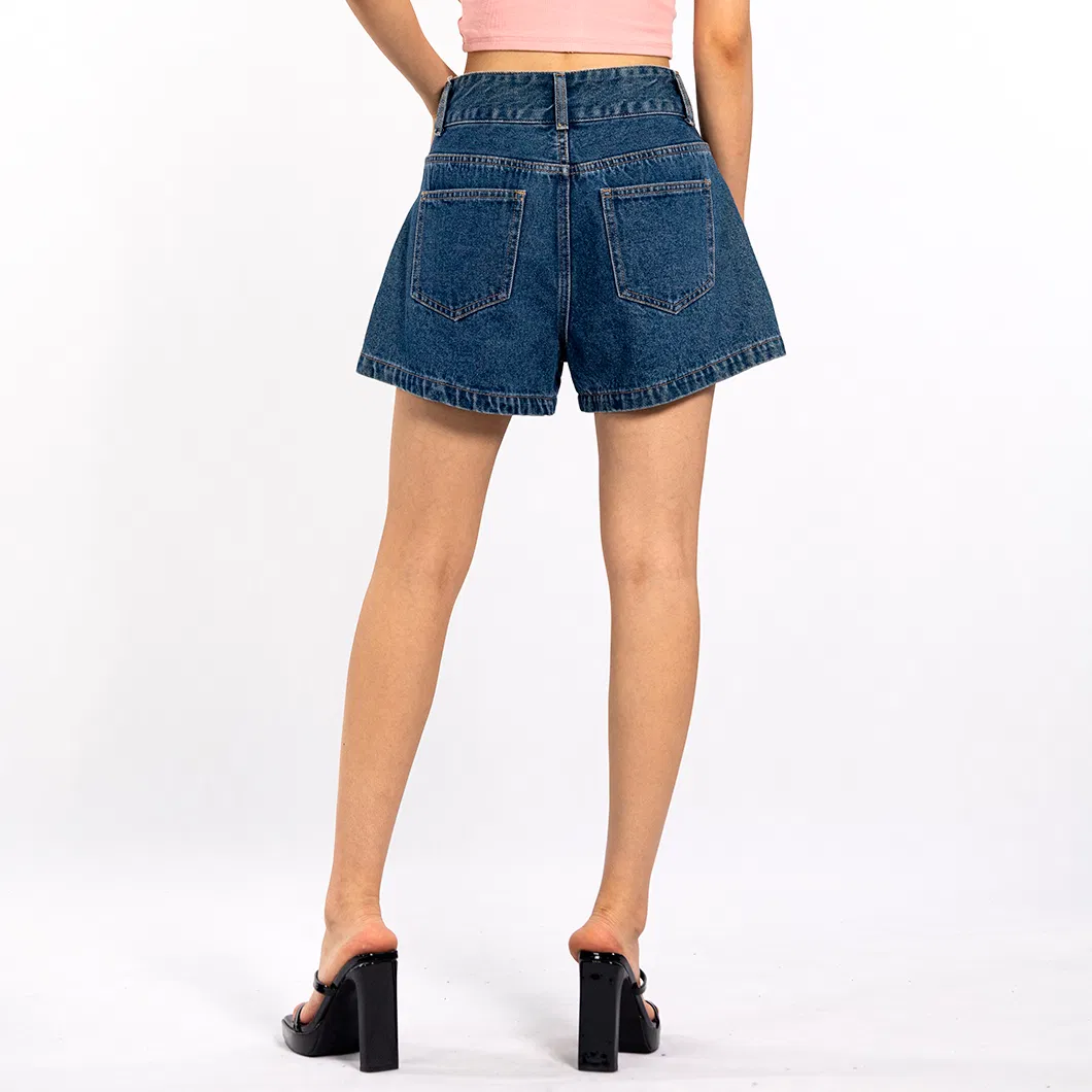Navy Blue Double Button Loose Casual Summer Denim Shorts Women