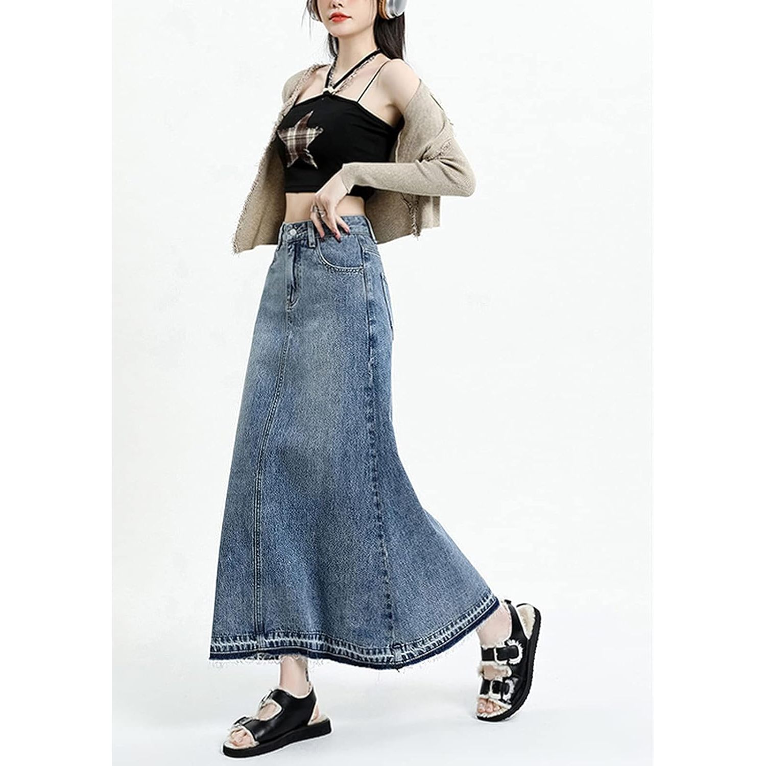 Women's High-Waisted A-Line Maxi Denim Skirt Button Decoration Frayed Raw Hem Washed Technique Casual Y2K Style Summer