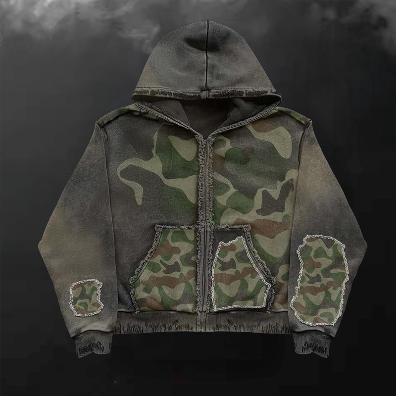 OEM Cotton Oversized Acid Wash Hoodie Distressed Embroidery Streetwear Sun Faded High Quality Custom Logo Zip up Men Hoodie