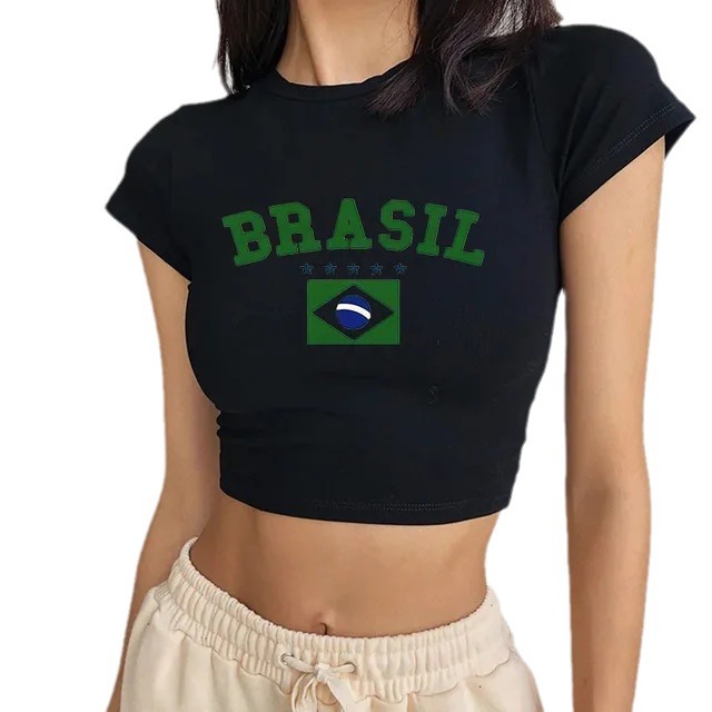 Customization With Cloths Label Y2k Baby Tee for Women Brazil Crop Top Y2k Shirts Graphic Tees for Women Vintage 90s Streetwear