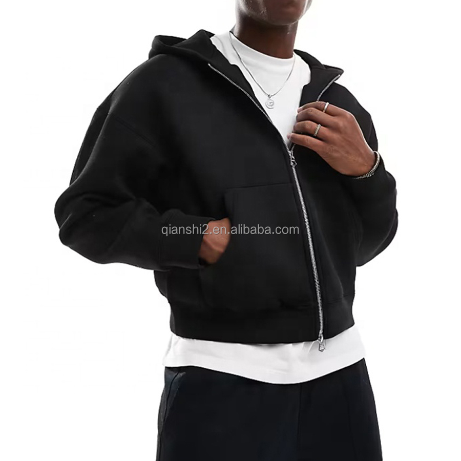 QIANSHI Blank Streetwear Vintage Oversized 100% Cotton Fleece Heavyweight Boxy Zipup Hoodie Cropped Hoodie Men Zip Up Hoodie