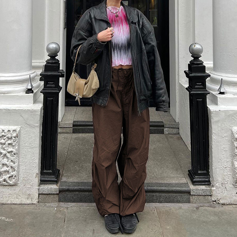 Ready to Ship Products Low Waist Polyester Blank Baggy Wide Leg Cargo Pants Women