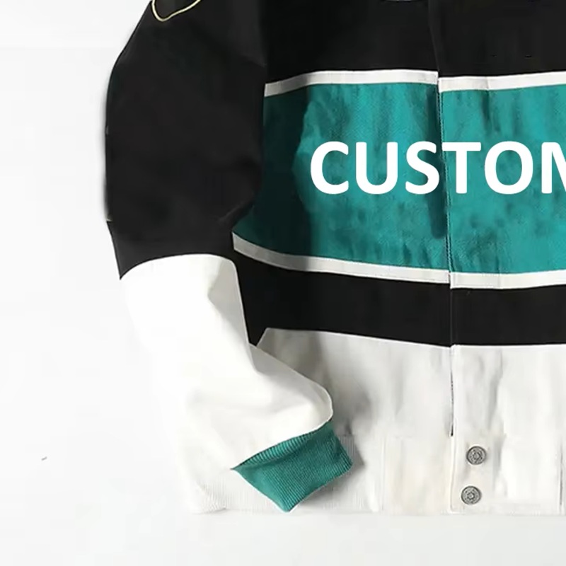 OEM Custom Design High Quality Embroidery Mens Bomber Jackets Color Blocking Button up Motorcycle Vintage Racing Jacket