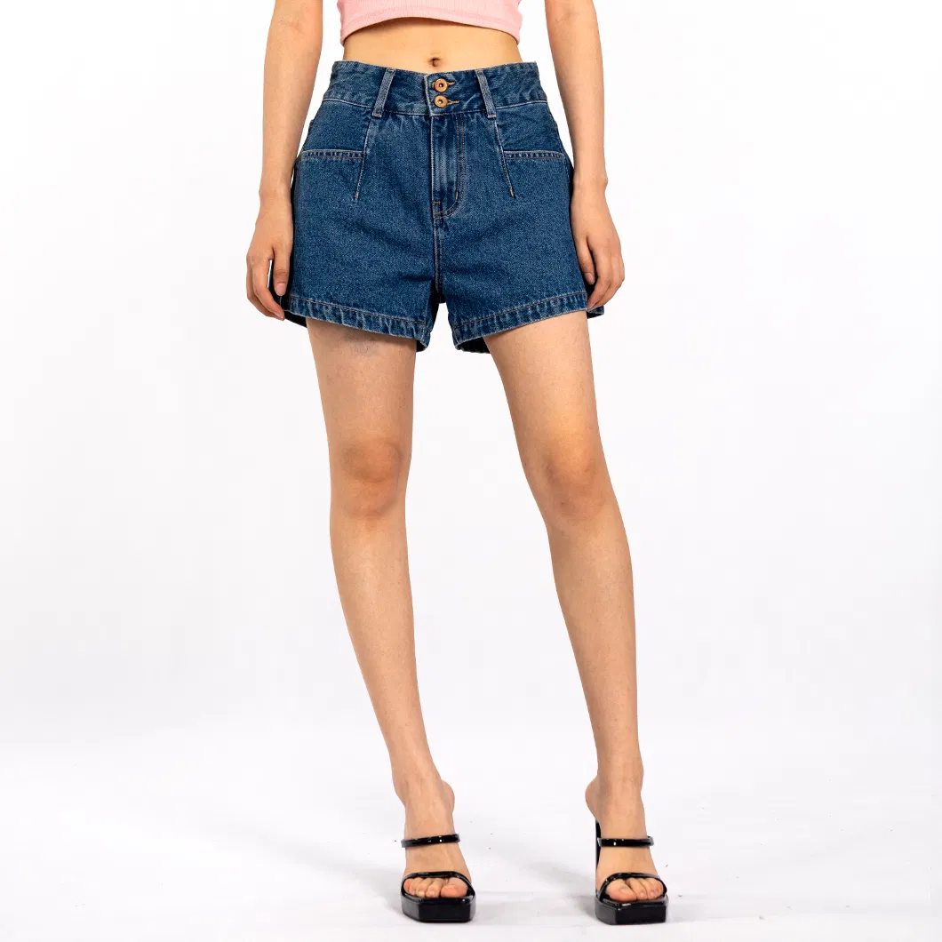 Navy Blue Double Button Loose Casual Summer Denim Shorts Women