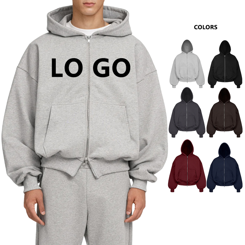 Double Zip Up Boxy Hoodie Custom Heavy Weight 400gsm 420gsm 100% Cotton Cropped Hoodie Men's French Terry Pullover Zipper Hoodie