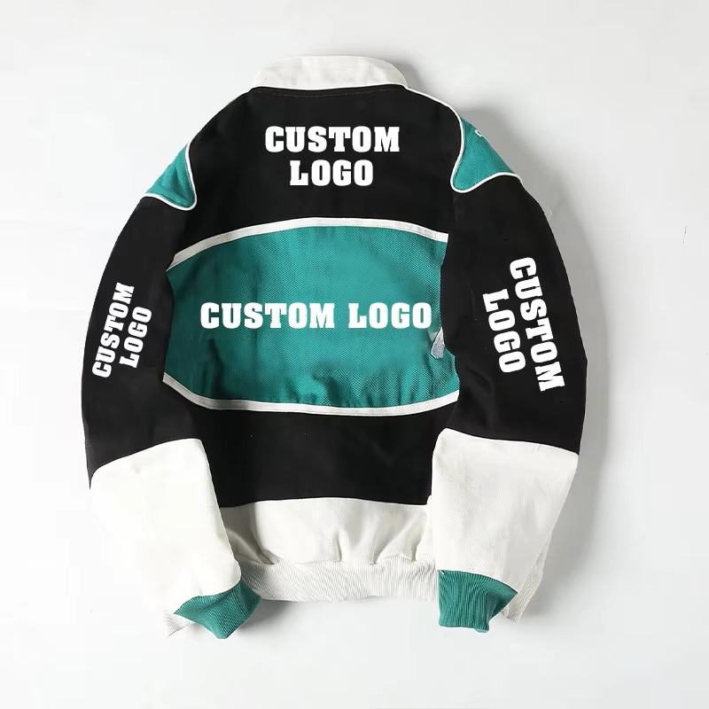 OEM Custom Design High Quality Embroidery Mens Bomber Jackets Color Blocking Button up Motorcycle Vintage Racing Jacket