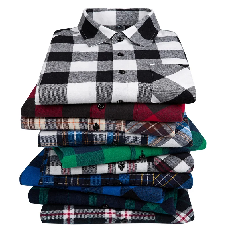 2025 New Men Classic Plaid Flannel Shirt 100% Cotton Long Sleeve Button Casual Summer Daily Wear Street Style Outfits