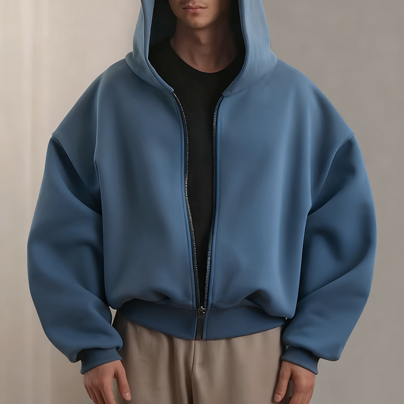High Quality French Terry Oversized Grey Hoodie Blank Cotton Heavy Weight Baggy Cropped Mens Custom Zip up Boxy Hoodies