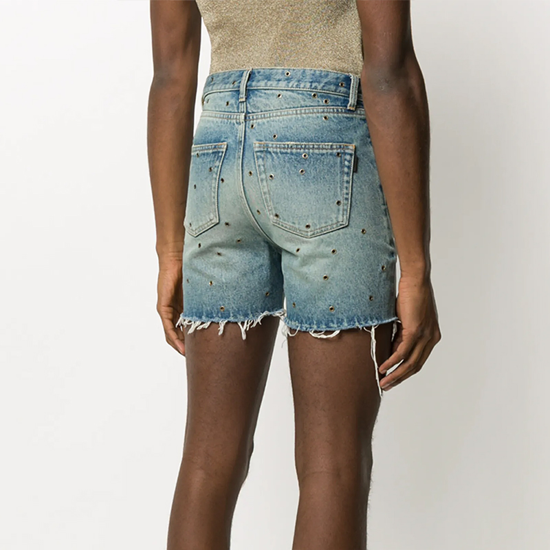 Customized Vintage Elegant Casual Washed Eyelet-Hollow Relaxed Women's Denim Shorts