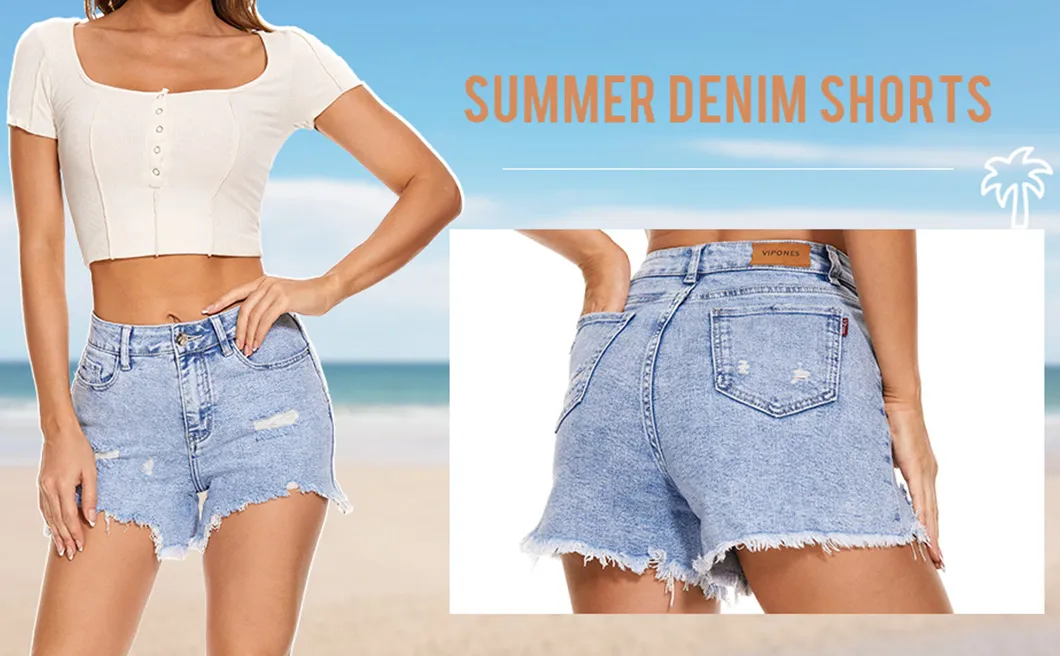 Custom High Waist Butt Lift Destoryed Cotton Blue Washed Home Denim Women Shorts