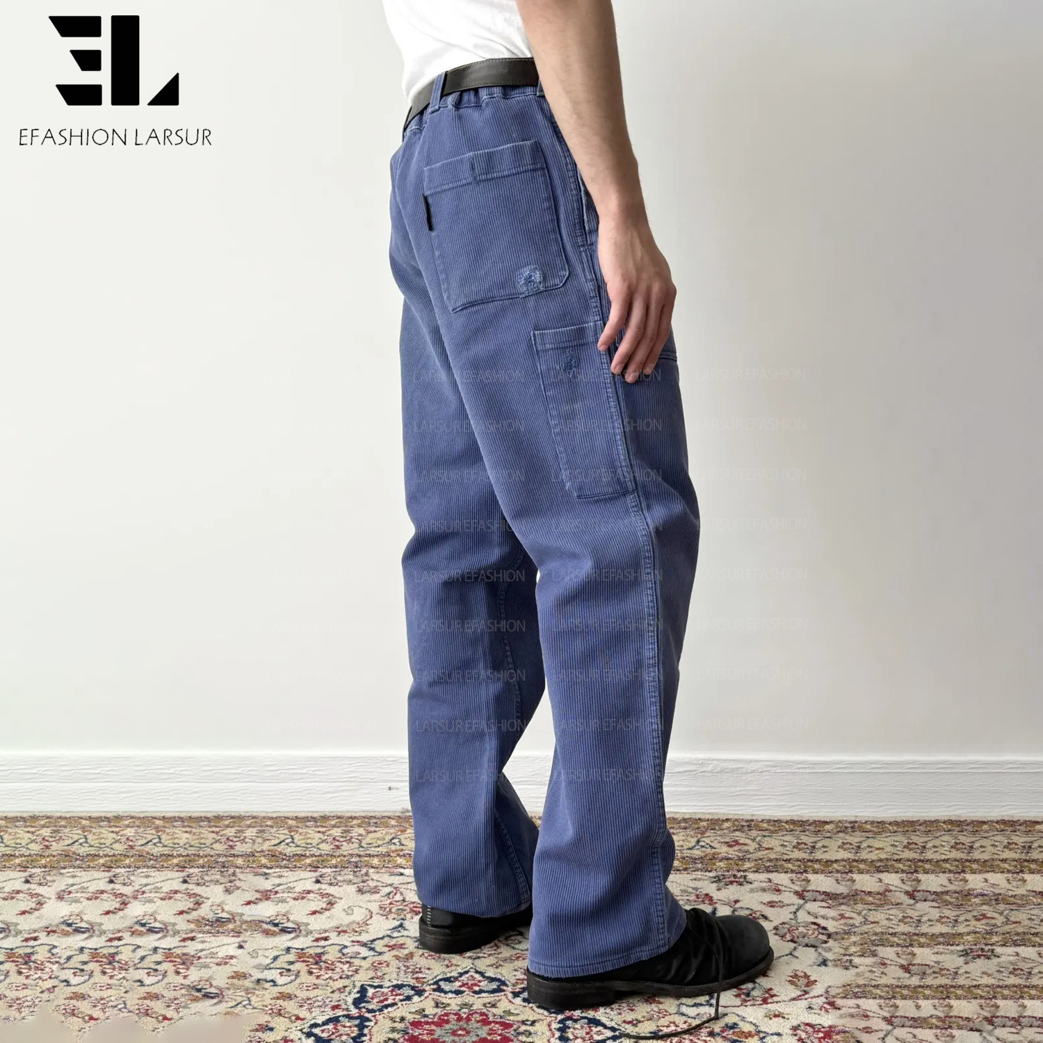 LARSUR Custom Factory Sun Faded Dye Corduroy Chore French Blue Work Utility Fatigue Pants Straight Tactical French Work Trousers