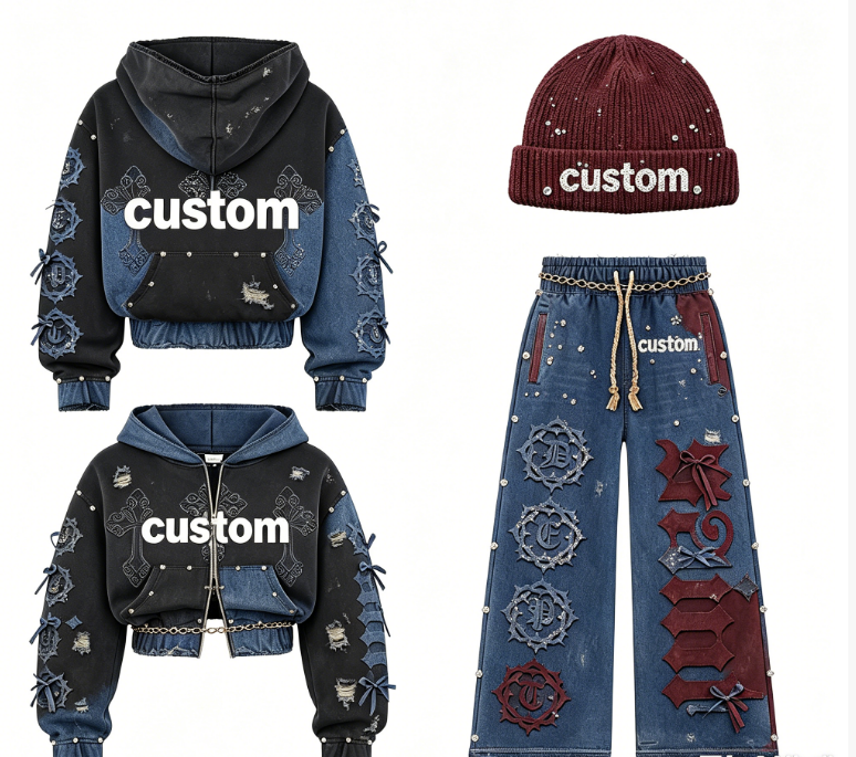 Custom Distressed Embroidery Zip Up Rhinestone Graphic Boxy Hoodie Sweatpants Acid Wash Tracksuit Mens Hoodies Sweatshirt Sets