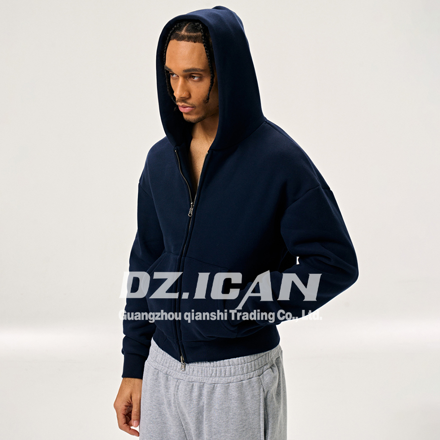 QIANSHI Blank Streetwear Vintage Oversized 100% Cotton Fleece Heavyweight Boxy Zipup Hoodie Cropped Hoodie Men Zip Up Hoodie