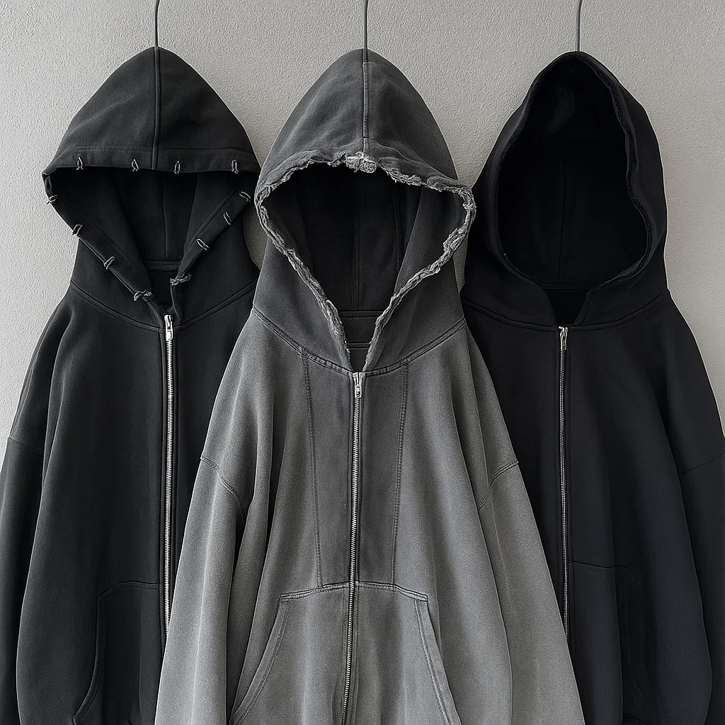 Heavyweight 400Gsm Plus Size Oversized Zip Up Hooded Custom Zipper Acid Wash Distressed Faded Vintage Washed Style Hoodie