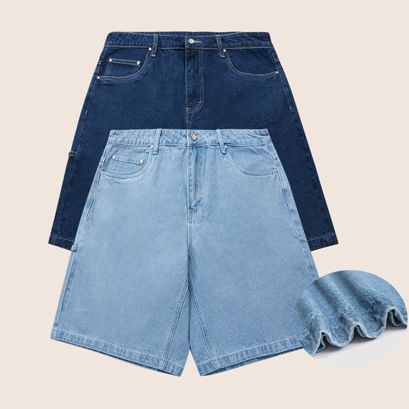 90%Cotton 10% Rayon Khaki Green Series Retro Loose Straight Barrel Worn Wash Solid Denim Shorts for Men