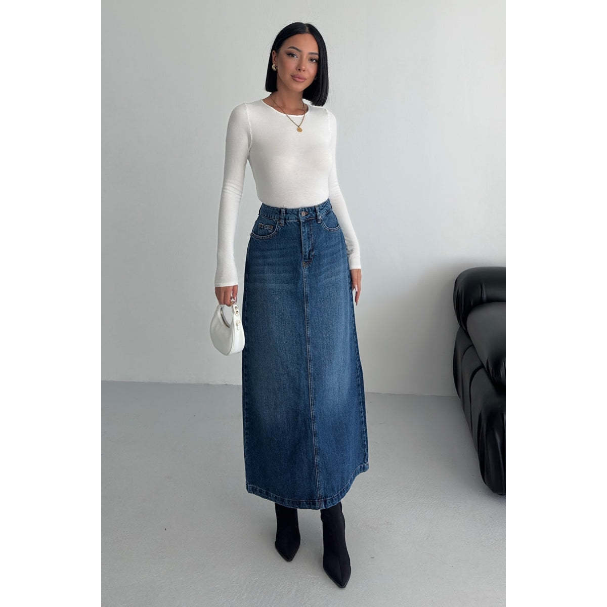 XLove Jeans Long Straight Silhouette 100% Cotton Simple Denim Skirt