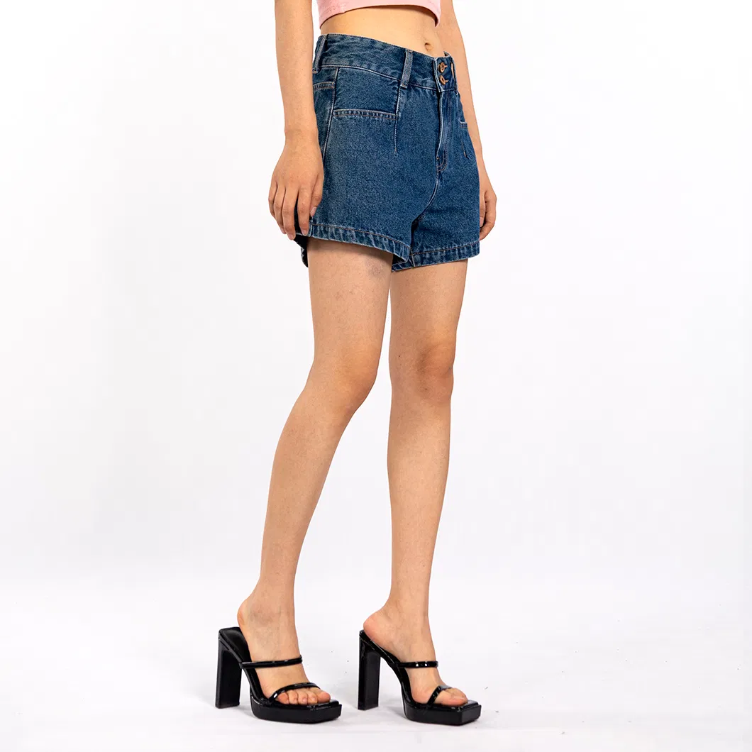 Navy Blue Double Button Loose Casual Summer Denim Shorts Women