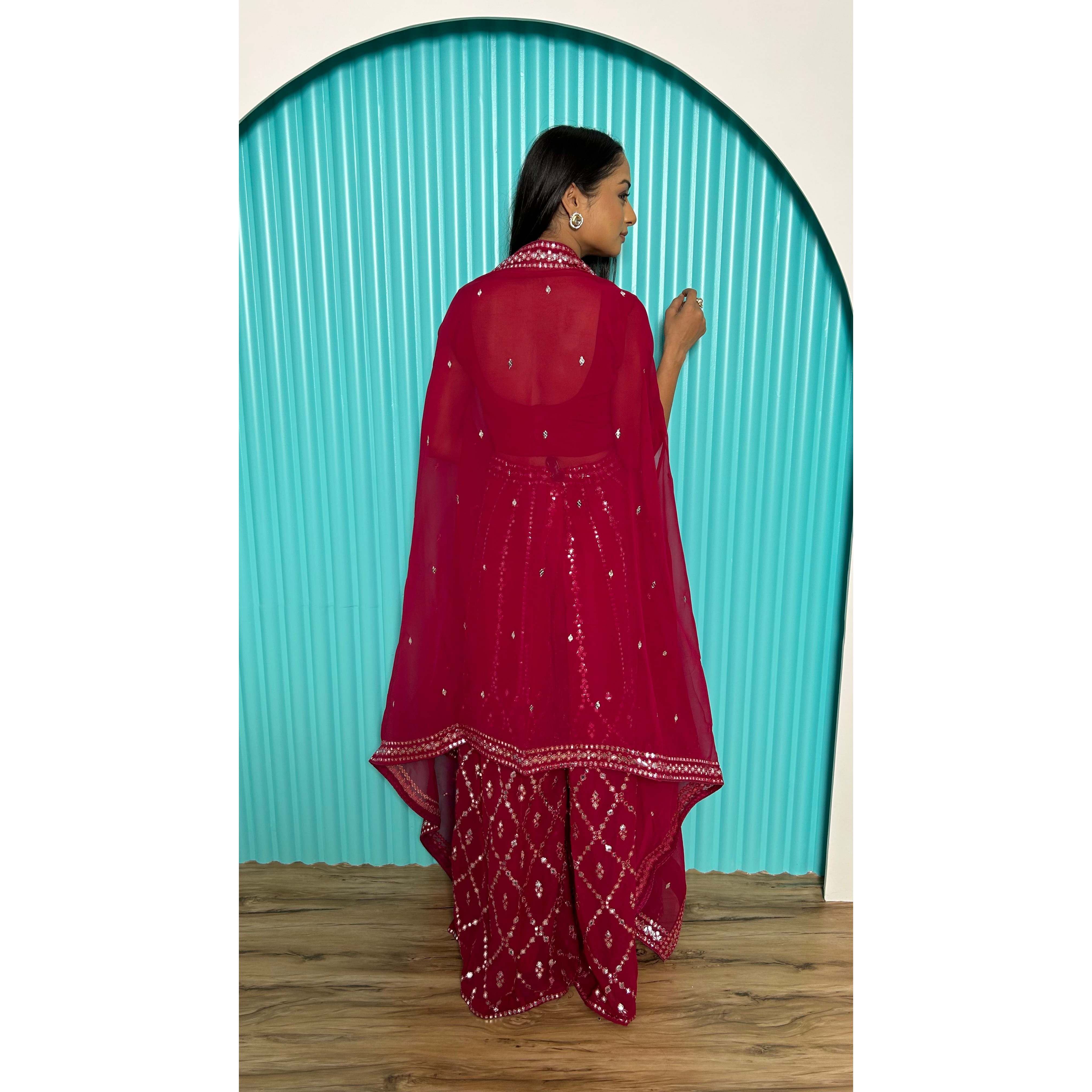 Beautiful Traditional Chinese Clothing-Top Bottom Koti with Foil Mirror and Thread Work