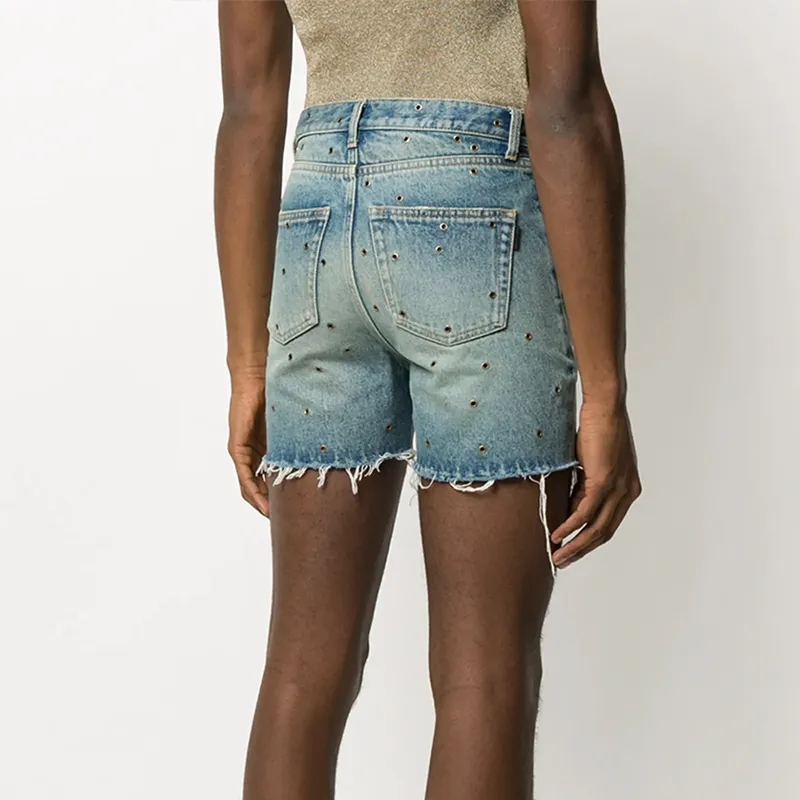 Customized Vintage Elegant Casual Washed Eyelet-Hollow Relaxed Women's Denim Shorts