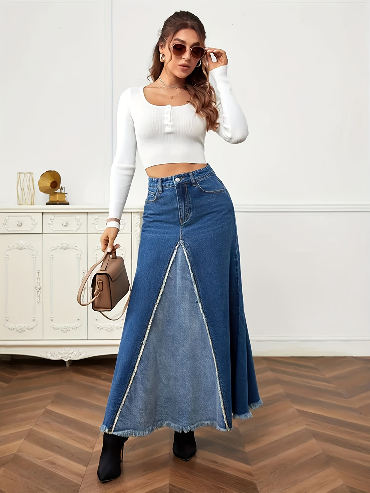 YUANBOFEI Women's Skirts Denim Jean Skirt High Waist Dark Wash Split Detail Lady Slimming Denim Skirts
