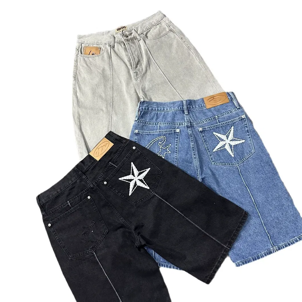 Summer Casual Shorts High Street Retro Distressed Shorts Jeans Star Embroidery Jacket Five-Point Pants Trend Denim