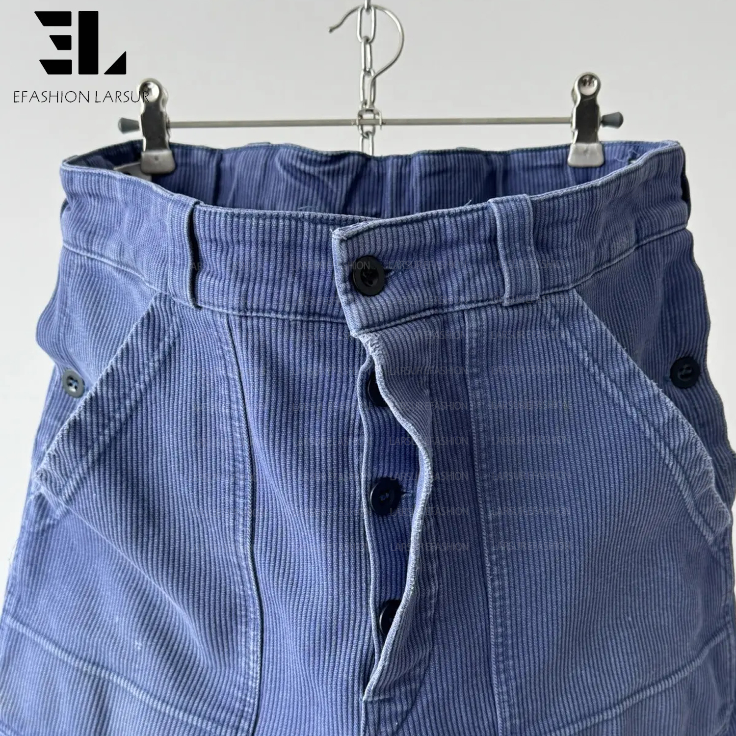 LARSUR Custom Factory Sun Faded Dye Corduroy Chore French Blue Work Utility Fatigue Pants Straight Tactical French Work Trousers