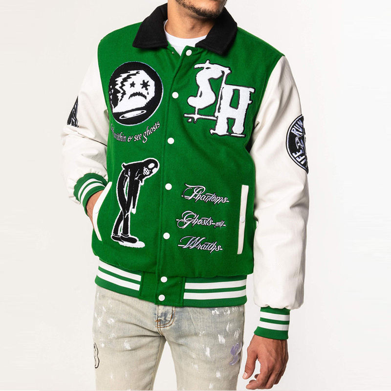 Custom Design Logo Embroidered Eco-Friendly Windproof Anti-Bacterial Thick Wool/Polyester Hip Hop Varsity Bomber Jacket High