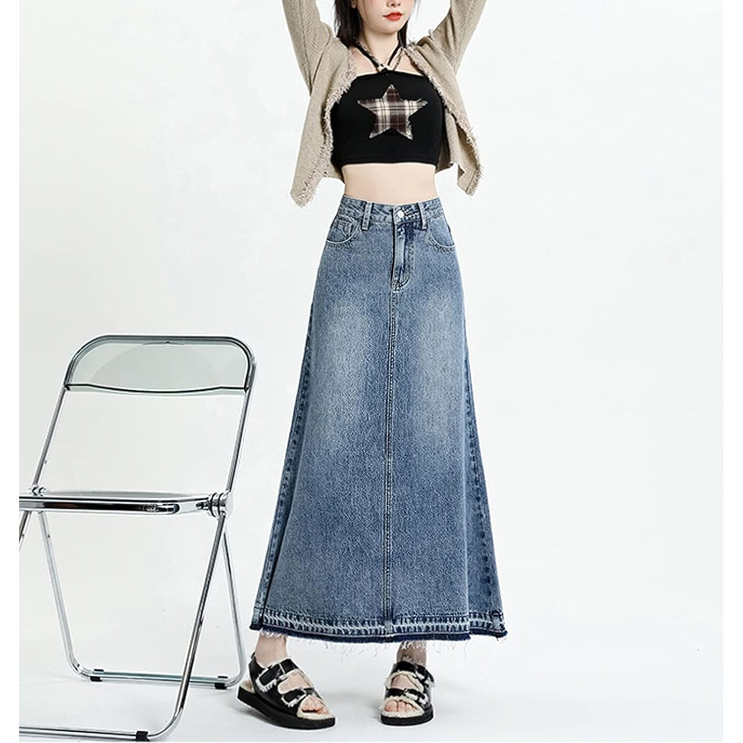 Women's High-Waisted A-Line Maxi Denim Skirt Button Decoration Frayed Raw Hem Washed Technique Casual Y2K Style Summer