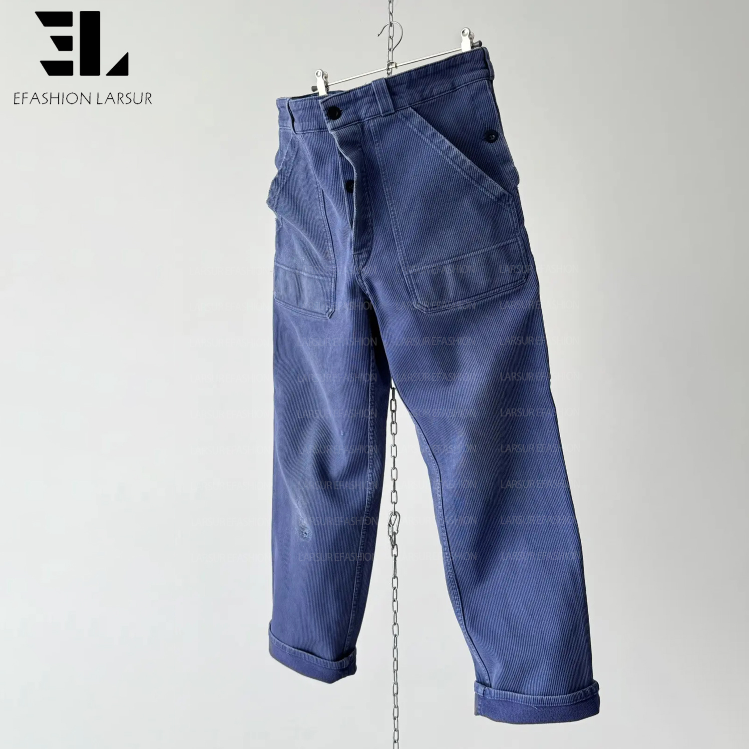 LARSUR Custom Factory Sun Faded Dye Corduroy Chore French Blue Work Utility Fatigue Pants Straight Tactical French Work Trousers