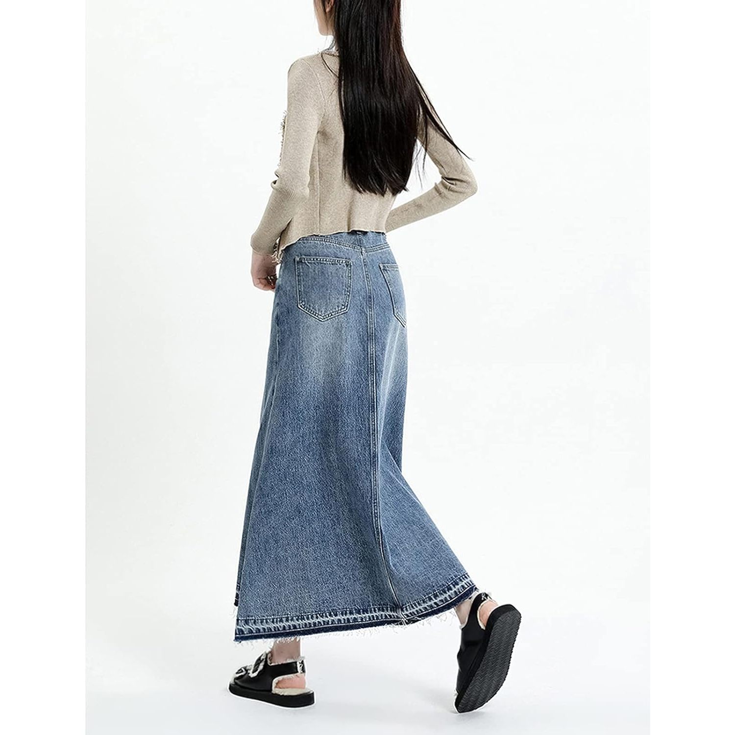 Women's High-Waisted A-Line Maxi Denim Skirt Button Decoration Frayed Raw Hem Washed Technique Casual Y2K Style Summer