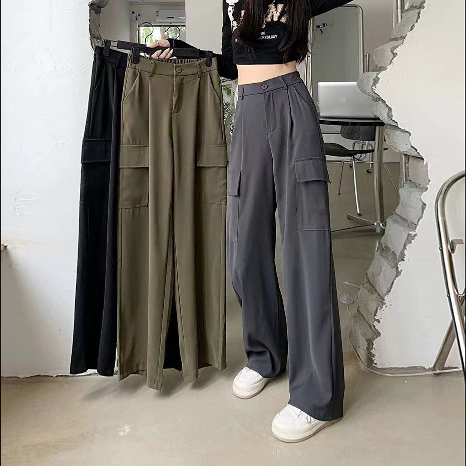 New Autumn Women Cargo Pants Solid Color Casual High Waist Loose Flat Front Wide Leg Elegant Straight Suit Trousers
