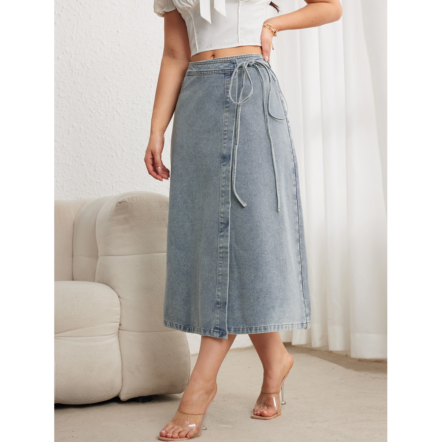 Cross-Border Women's Denim Skirt Side Tie Loose Fit Vintage Split Elegant Mid-Length Pencil Silhouette Quick Dry