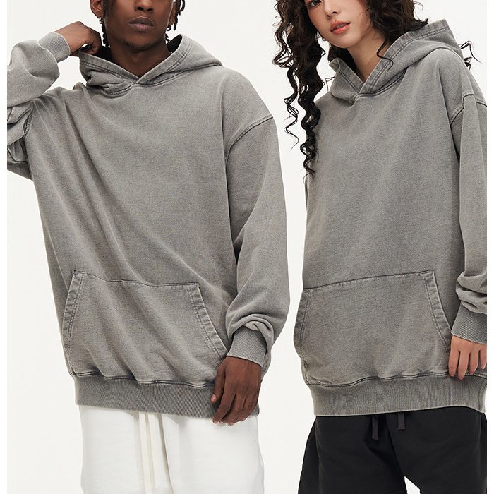 Wholesale Casual Loose Fit American Streetwear Style 450gsm Heavyweight 100% Cotton Washed Distressed Hooded Sweatshirt
