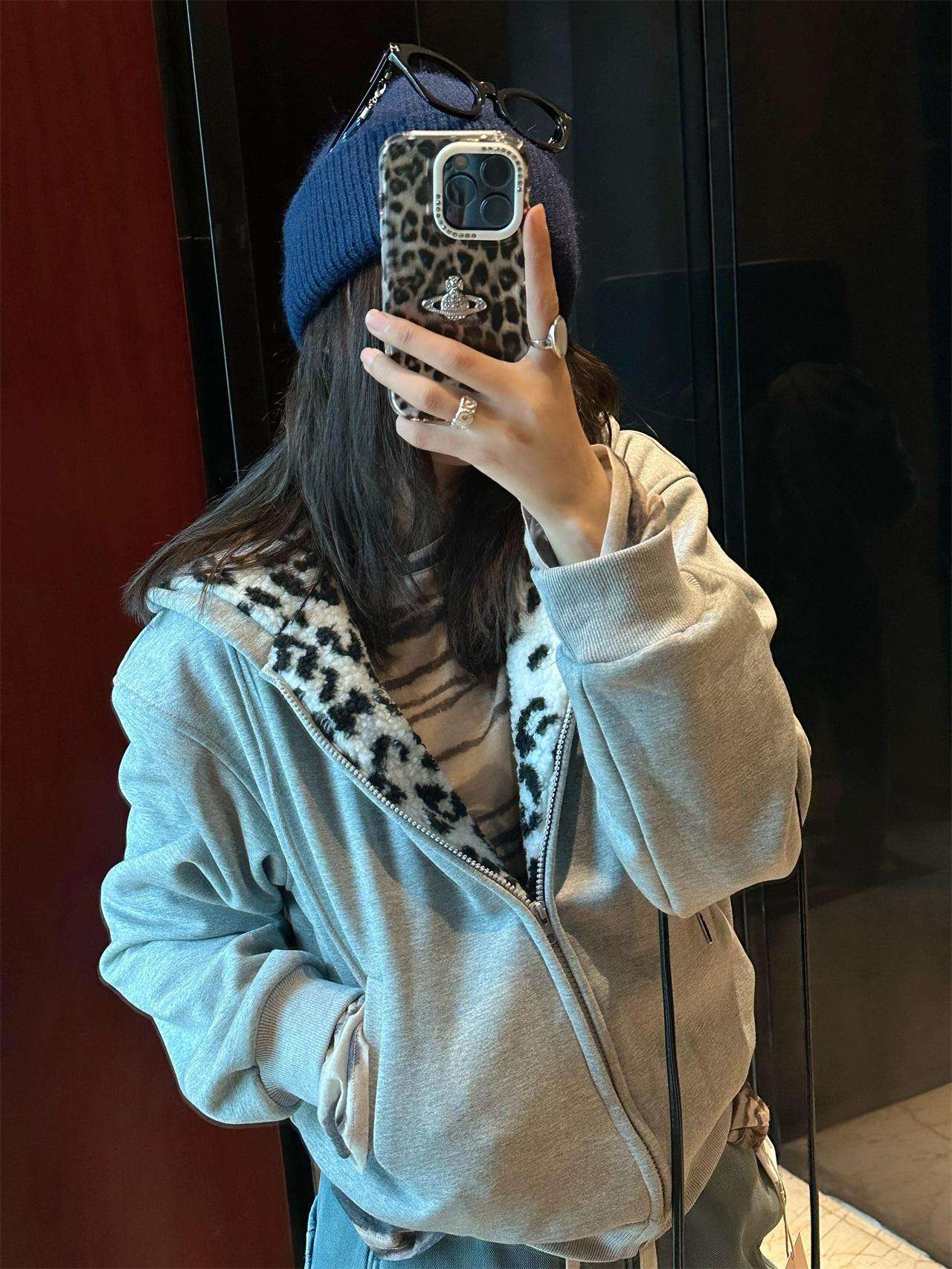Custom Zip up Heavyweight Zip up French Terry Leopard Cheetah Graphic Printed Double Layer Reversable Hoodie
