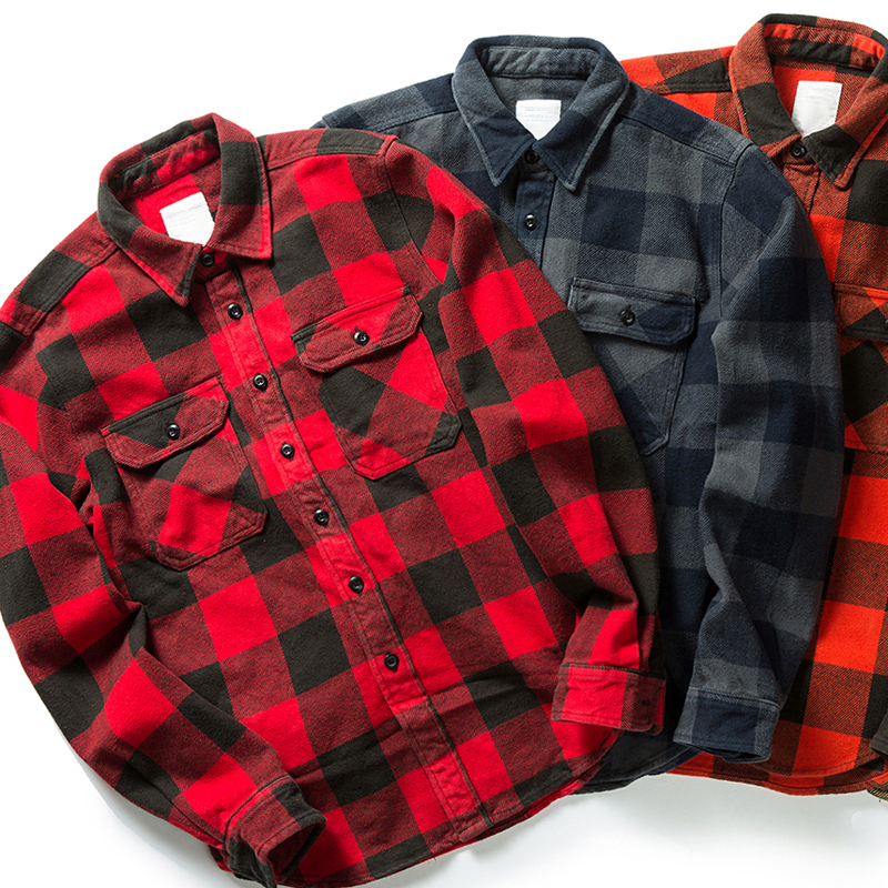 Custom Men's 100% Cotton Thick Autumn Winter Button Down Long Sleeved Shirt Vintage Men Flannel Plaid Shirt