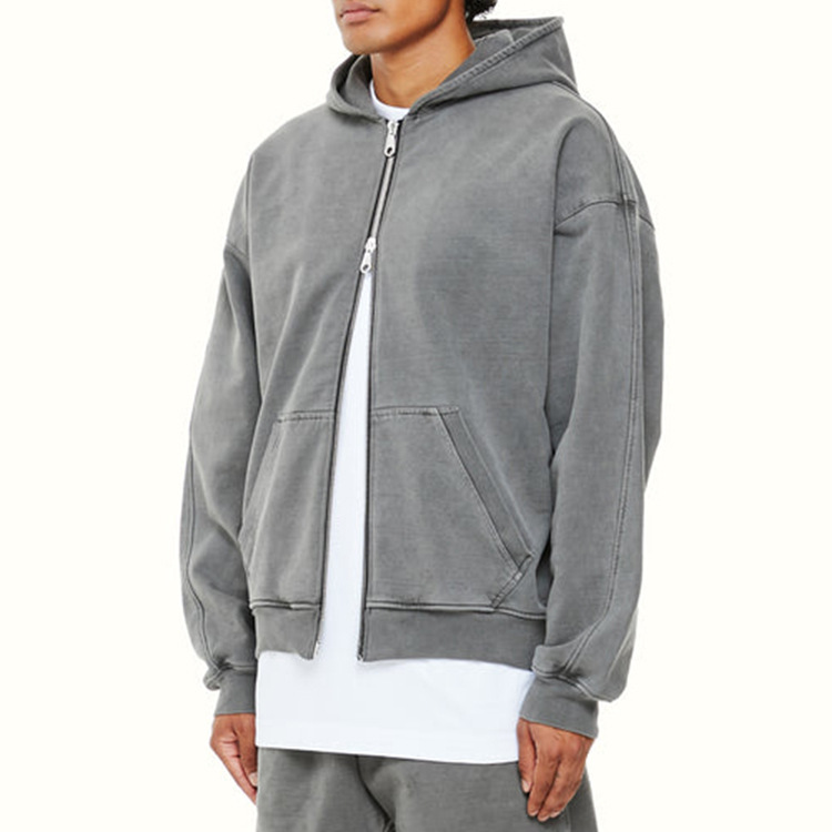 Men's 100% Cotton Custom Logo Drop Shoulder Hoodies Hooded Sweatshirt Oversize Pullover Heavyweight Double Zip-up Hoodie for Men