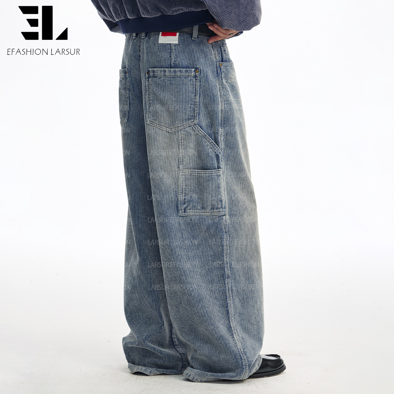 LARSUR Custom Factory Cotton Heavy Distress Wash Faded Corduroy Cargo Pants Baggy Straight Without Knee Carpenter Corduroy Pants