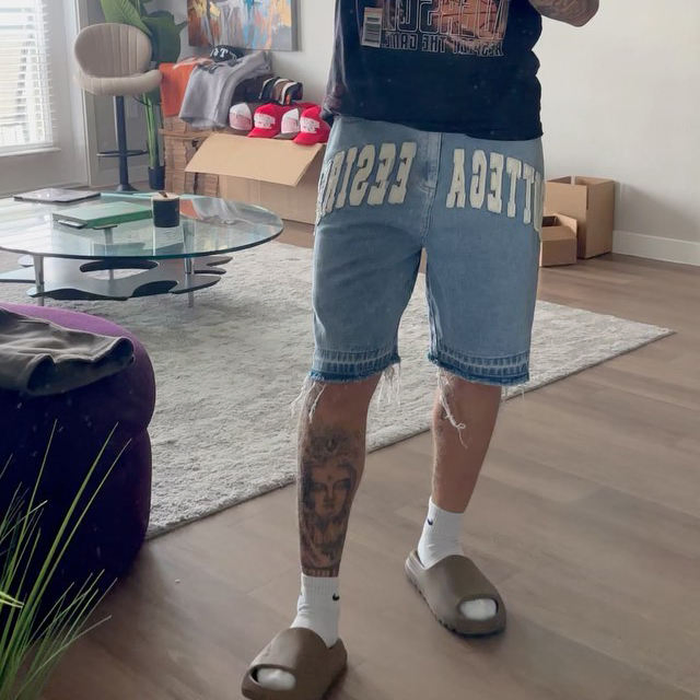 Custom Applique Embroidered Patches Raw Hem Cut Edge Distressed Streetwear Jeans Denim Shorts for Men