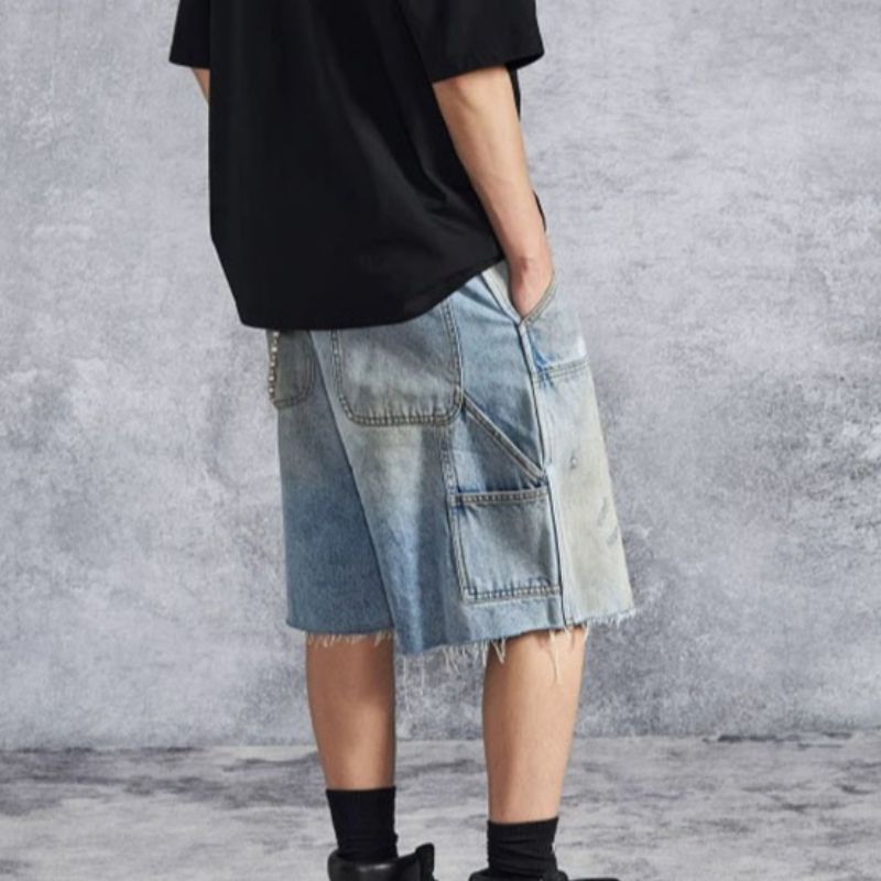 Summer Men's High-End Design Spliced Perforated Straight Leg Denim Shorts