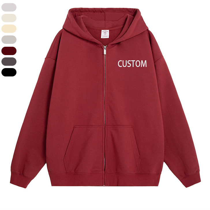 Custom Logo Printed Drop Shoulder Zipper-Up Hoodie Cotton Heavyweight Oversized Men's Solid Color Autumn Streetwear DTG