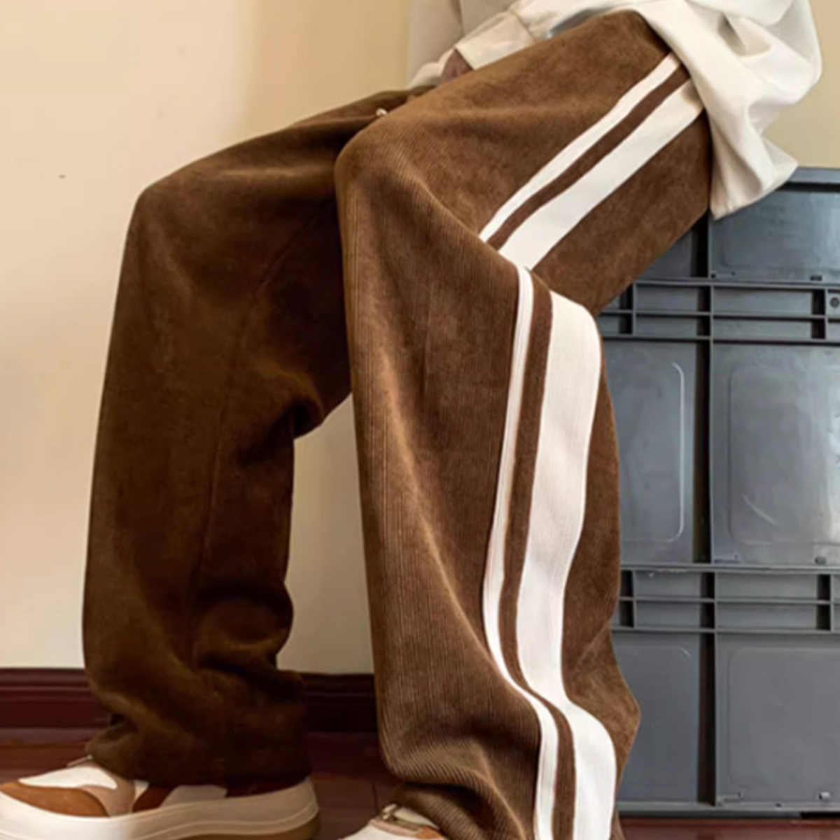 Men's 2026 Autumn Side Stripes Sport Casual Loose Sweatpants 100% Cotton Straight Cut Corduroy OEM Service XL Size Long Pants