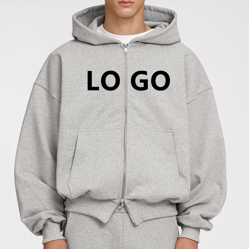 Double Zip Up Boxy Hoodie Custom Heavy Weight 400gsm 420gsm 100% Cotton Cropped Hoodie Men's French Terry Pullover Zipper Hoodie