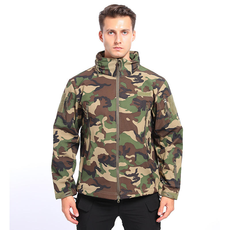 Waterproof Fleece-Lined Tactical Bomber Jacket for Men, Winter Camouflage Hooded Softshell Outdoor Coat