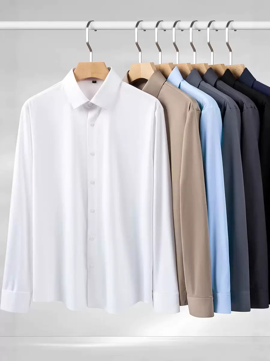 2026 New Style Men's Long-Sleeved Shirt - Solid Color, Elastic, Non-Stretch, Professional Workwear, Utility Wear