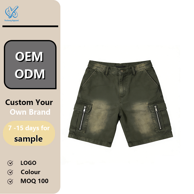 Custom Fashion Streetwear Multi Pocket Vintage 100% Cotton Acid Washed Embossed Men's Denim Shorts
