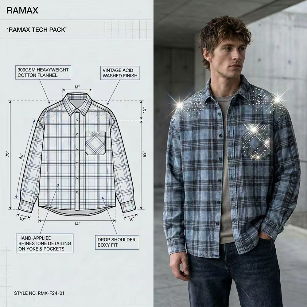 Custom Heavyweight Cotton Plaid Flannel Shirt | Vintage Wash Oversized Boxy Fit Men Streetwear Long Sleeve Shirt with Rhinestone