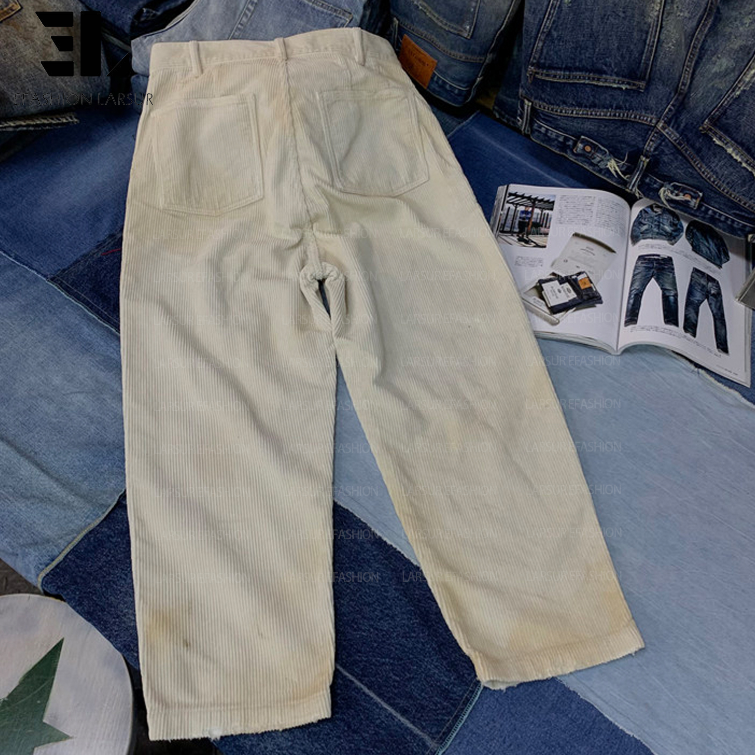 LARSUR Custom Factory Distress Damage Wash Patchwork Corduroy Pants Baggy Sun Faded Cotton Heavy Straight Leg Corduroy Pants