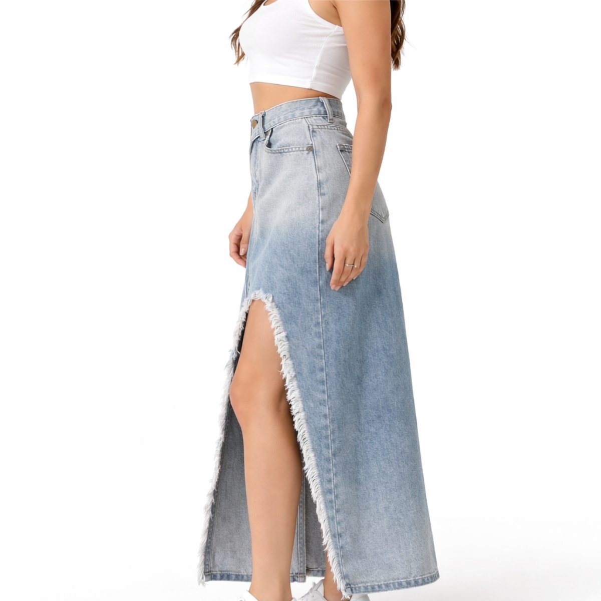 Women's High Waist Front Slit Breathable Quick Dry Denim Maxi Skirt with Button Detail and Pocket Vintage Style Ankle-Length