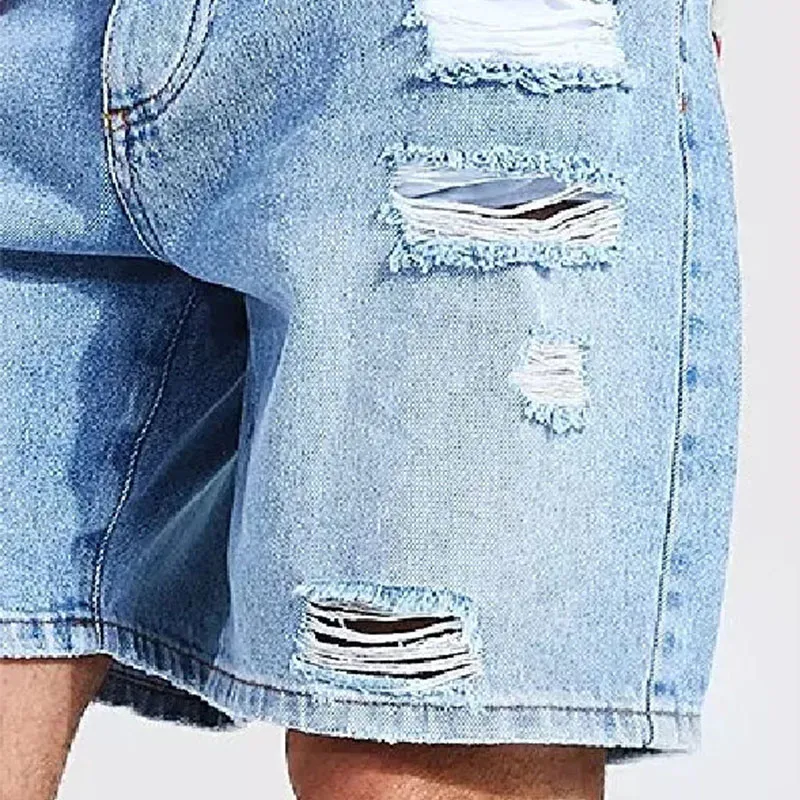 Street Fashion Men's Light Blue Loose-Fitting Casual Breathable Denim Shorts