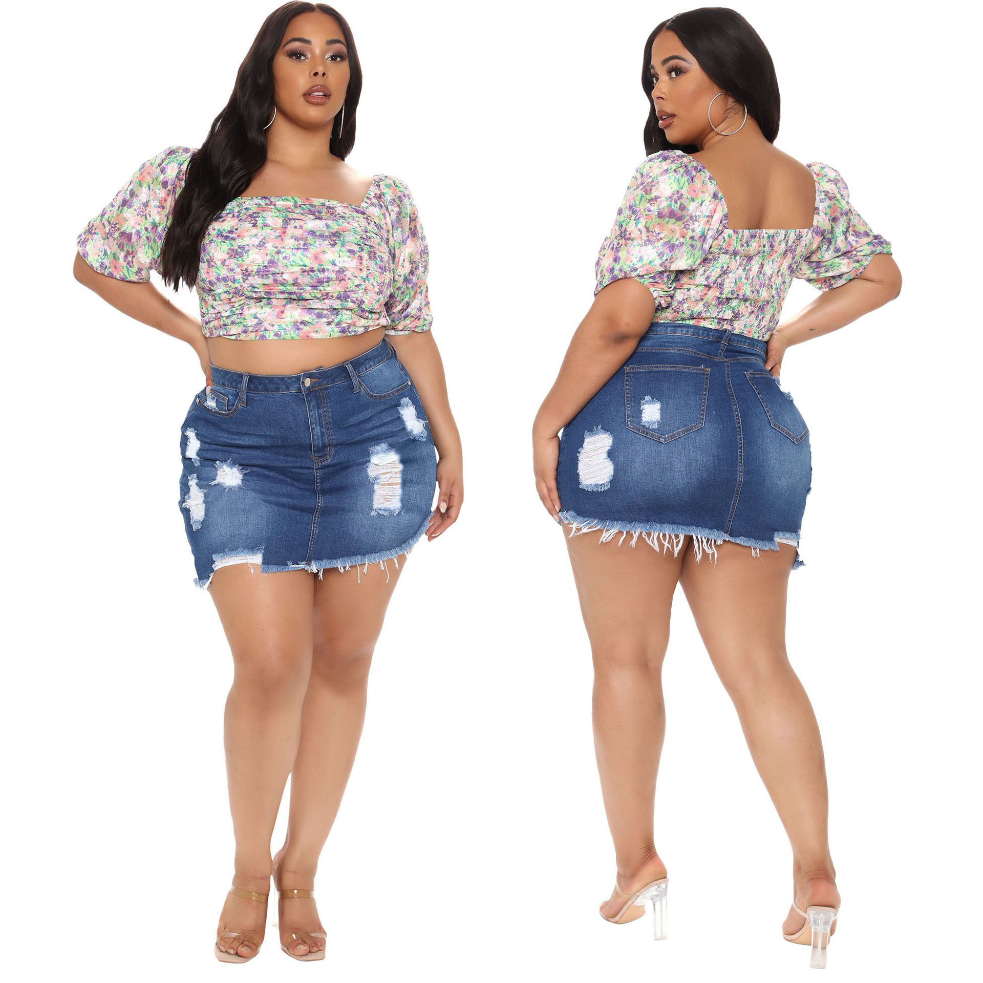 Custom Plus Size Denim Skirts High Waist High Quality Skinny Slim Fit Elastic Cropped Ripped Women's Denim Skirts
